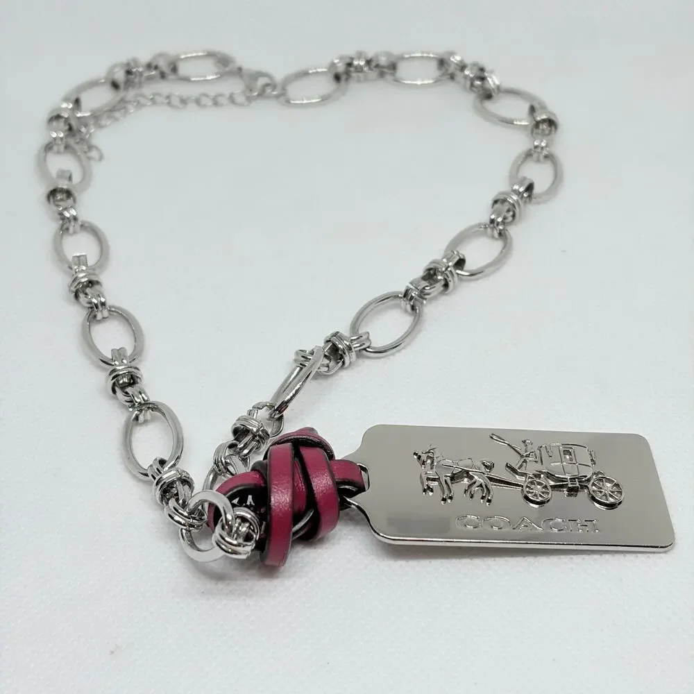 Coach Silver Hang Tag Pendant Necklace w/Red Leather Fob Silver Chain 18 Inch - Picture 4 of 9